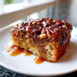 A moist slice of pecan upside down cake topped with sticky, glossy caramel and pecans, dripping sauce onto a white plate.
