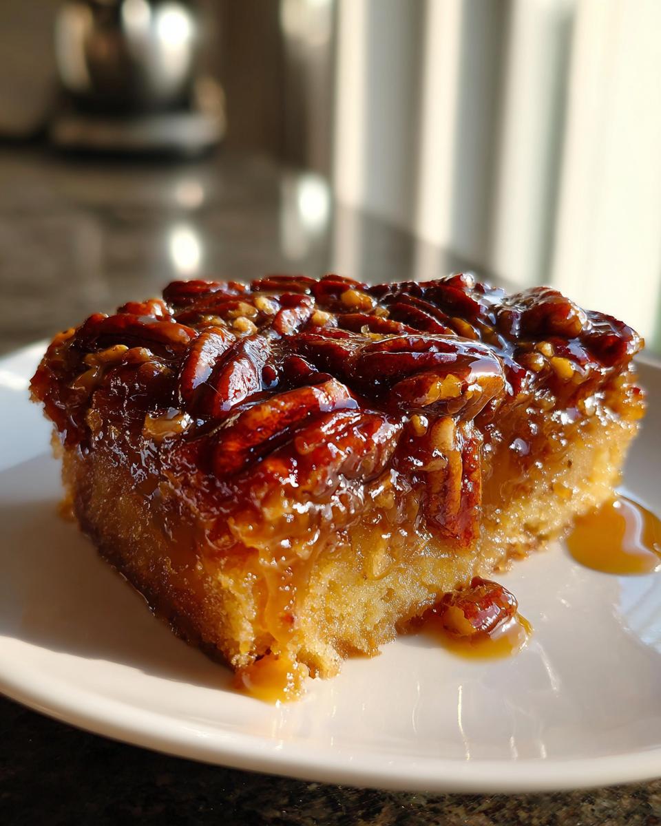 Close-up of a square slice of pecan upside down cake, featuring a sticky, glossy caramel pecan topping.