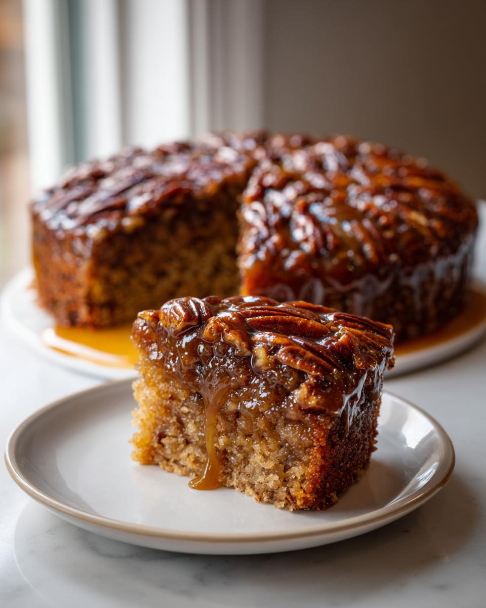 A slice of rich pecan upside down cake topped with gooey caramel and pecans, served on a small plate.