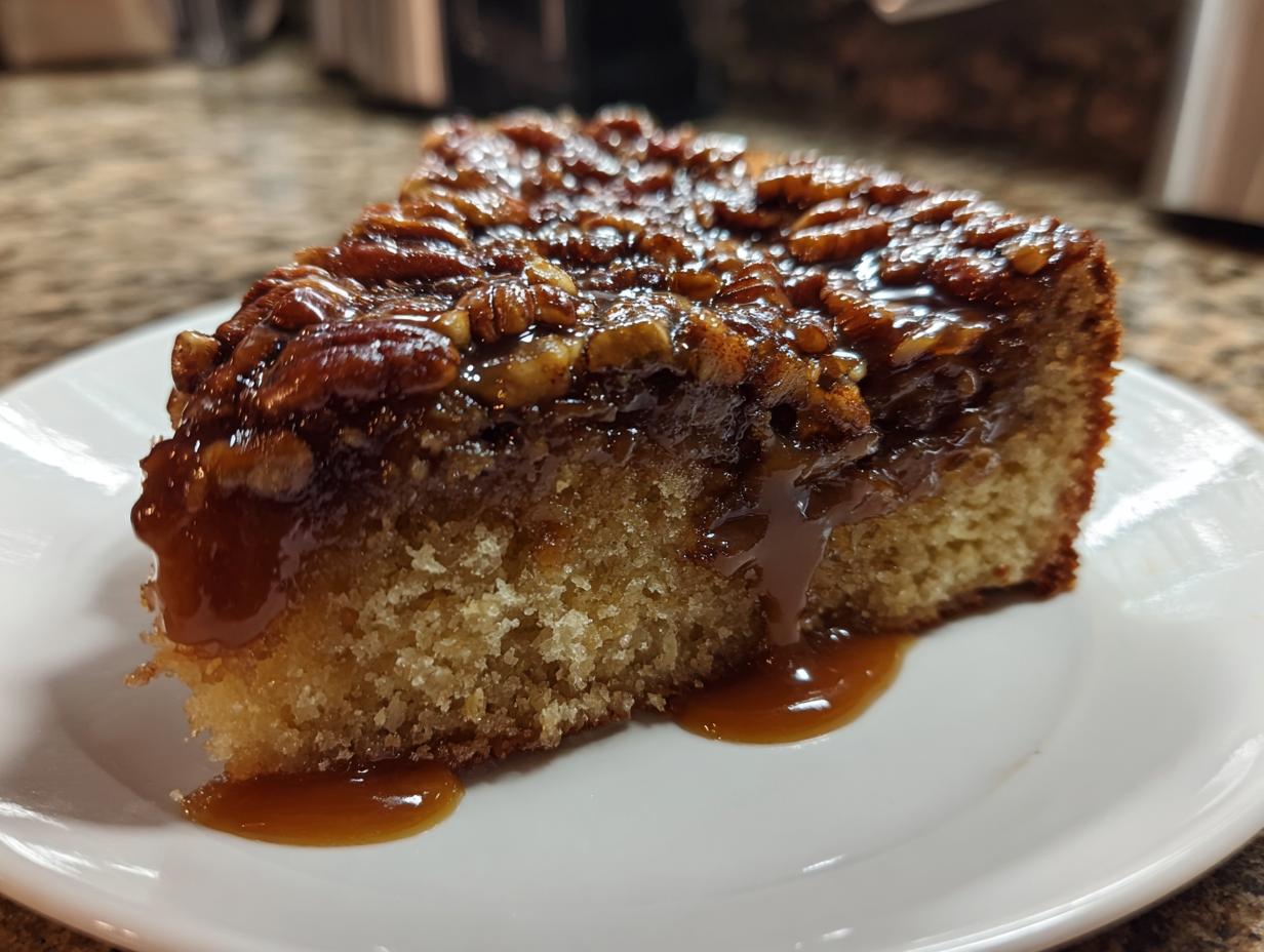 A close-up of a moist slice of pecan upside down cake dripping with rich caramel sauce on a white plate.