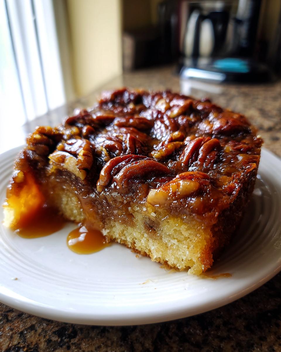 A close-up of a moist slice of pecan upside down cake with a glossy, caramelized pecan topping dripping onto a white plate.