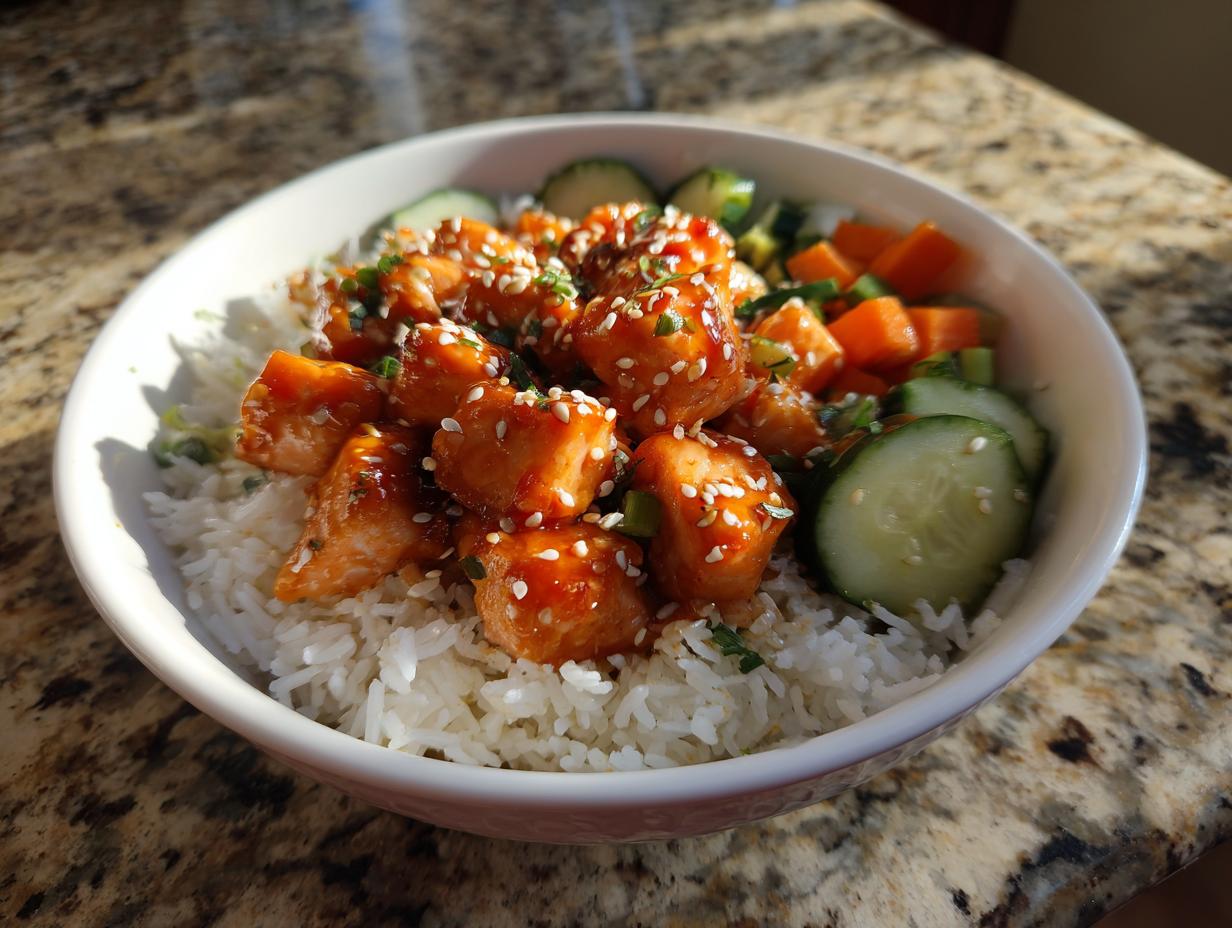 Close-up of a white bowl filled with white rice, topped with glazed salmon cubes, sesame seeds, sliced cucumbers, and diced carrots in a salmon bowls recipe.