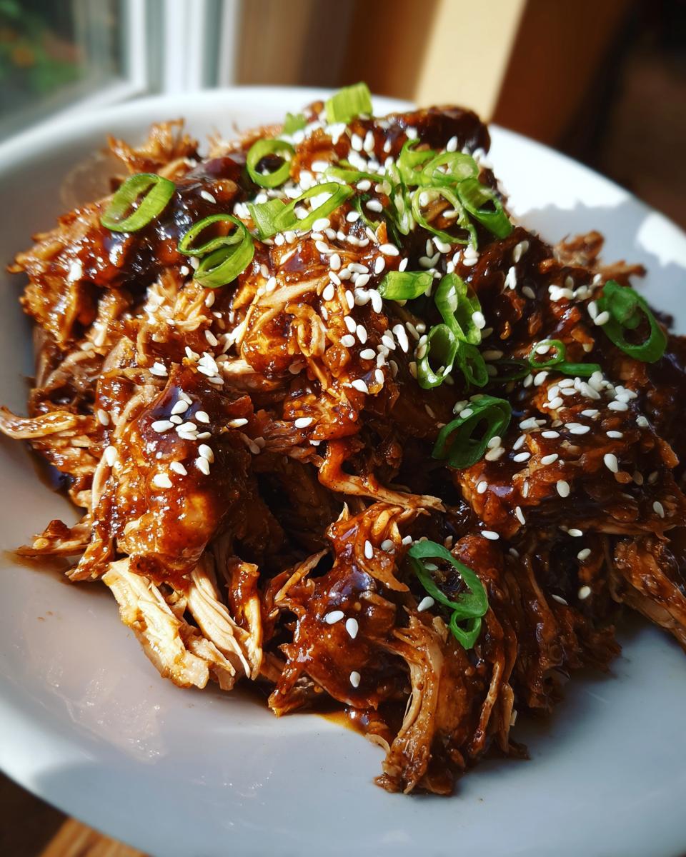 Close-up of shredded crockpot teriyaki chicken coated in glossy sauce, topped with sesame seeds and green onions.