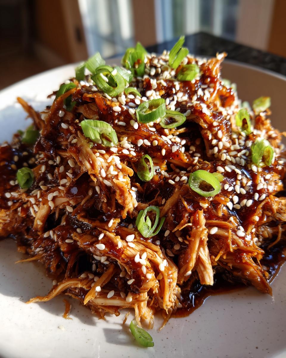 Close-up of shredded crockpot teriyaki chicken coated in sauce, topped with sesame seeds and green onions.