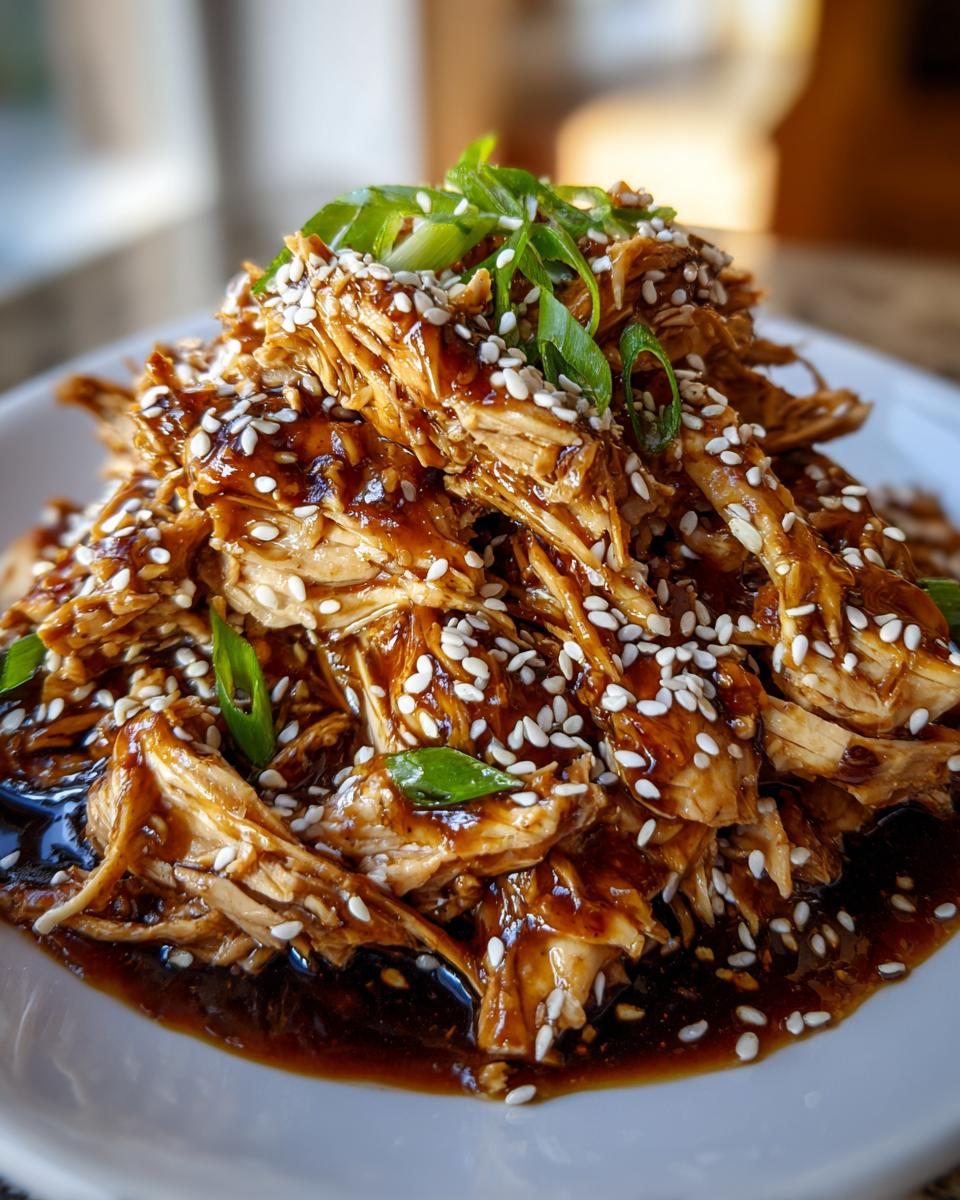 A mound of shredded crockpot teriyaki chicken coated in glossy sauce, topped with white sesame seeds and green onions.