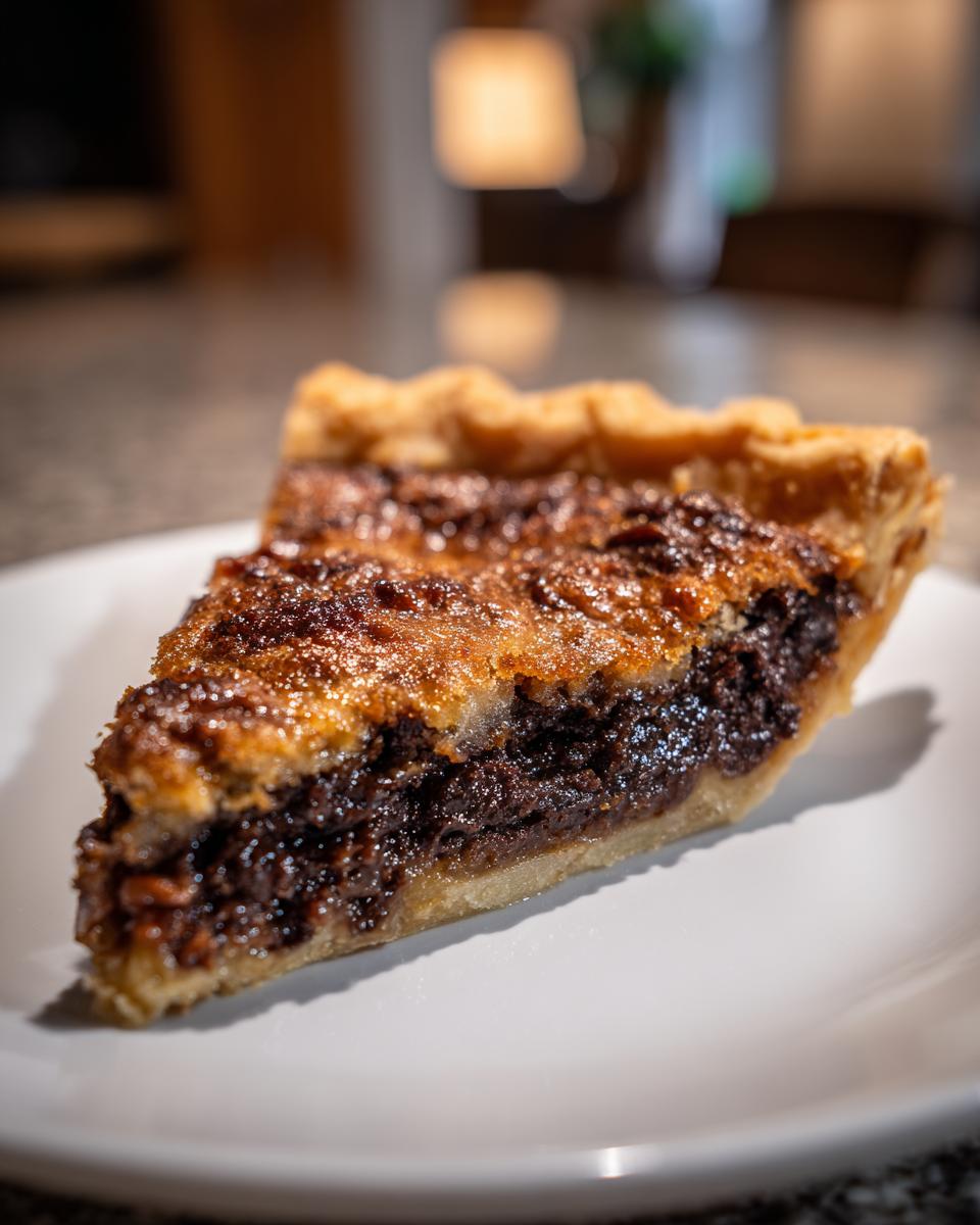 A close-up, appetizing slice of rich german chocolate pie with a flaky crust on a white plate.