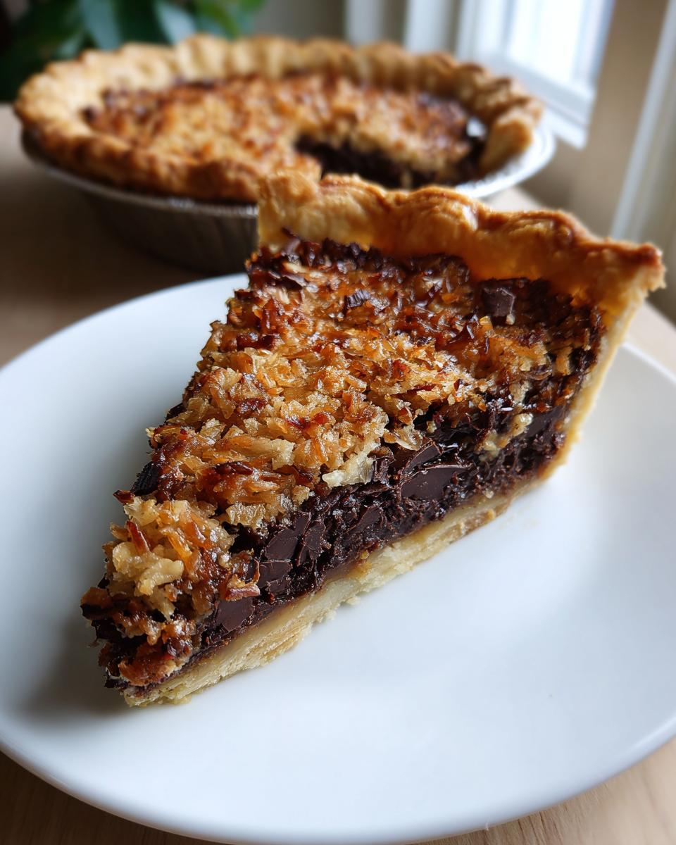 A close-up slice of rich German chocolate pie featuring a flaky crust and a thick, gooey topping of toasted coconut and chocolate chunks.