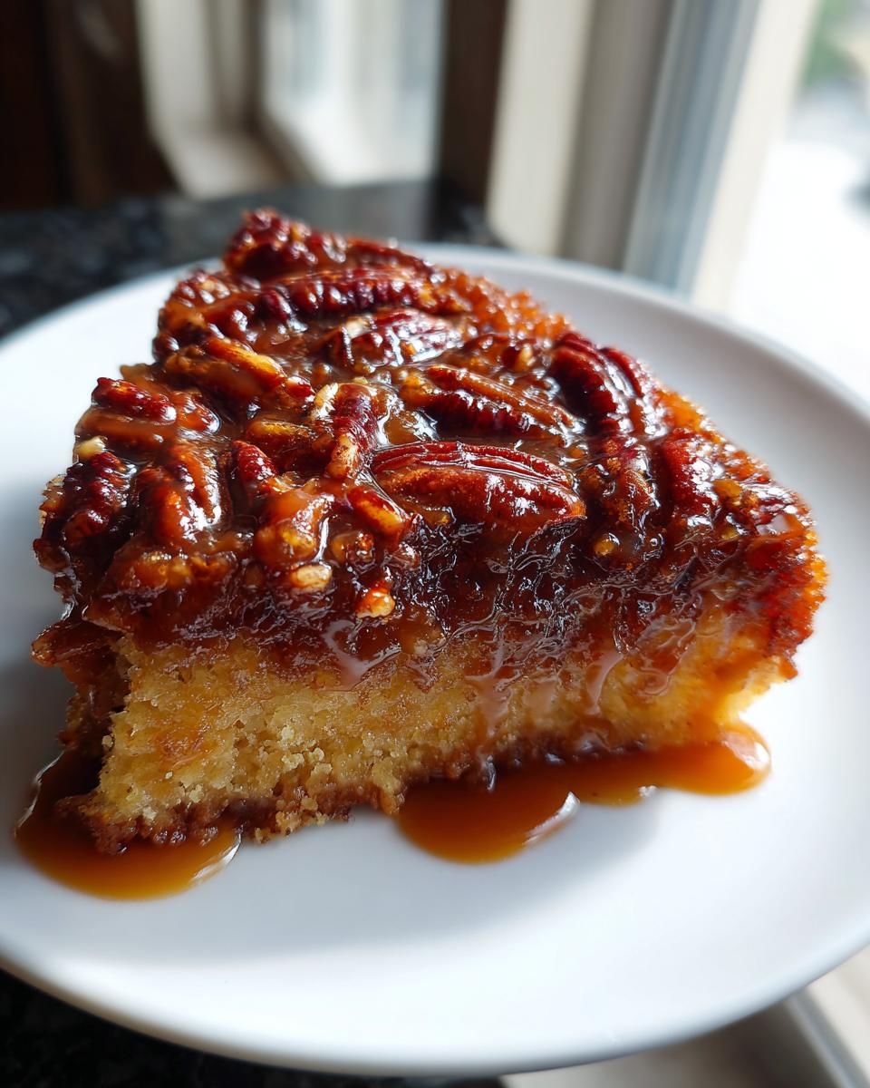 A close-up of a moist slice of pecan upside down cake with a gooey, caramelized pecan topping dripping onto a white plate.