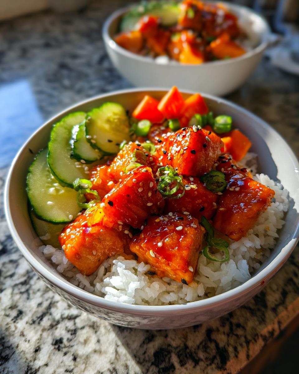 Close-up of a vibrant salmon bowls featuring glazed salmon chunks over white rice, topped with sesame seeds, scallions, and sliced cucumbers.