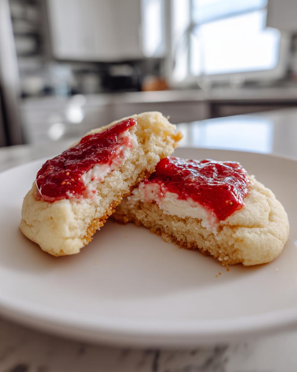 A strawberry cheesecake cookie cut in half showing the soft interior, cream cheese filling, and strawberry topping.