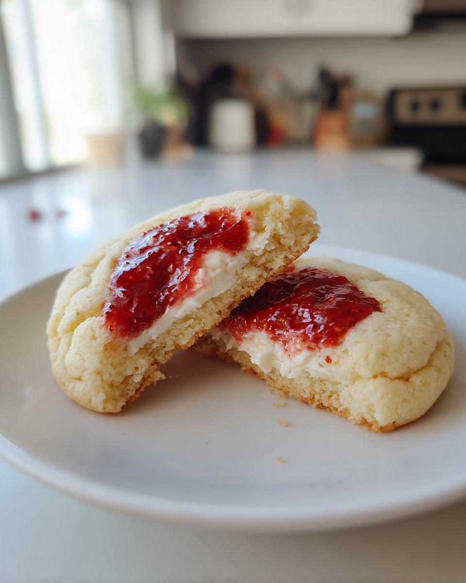 A soft strawberry cheesecake cookie broken in half, revealing creamy filling and bright strawberry jam topping.