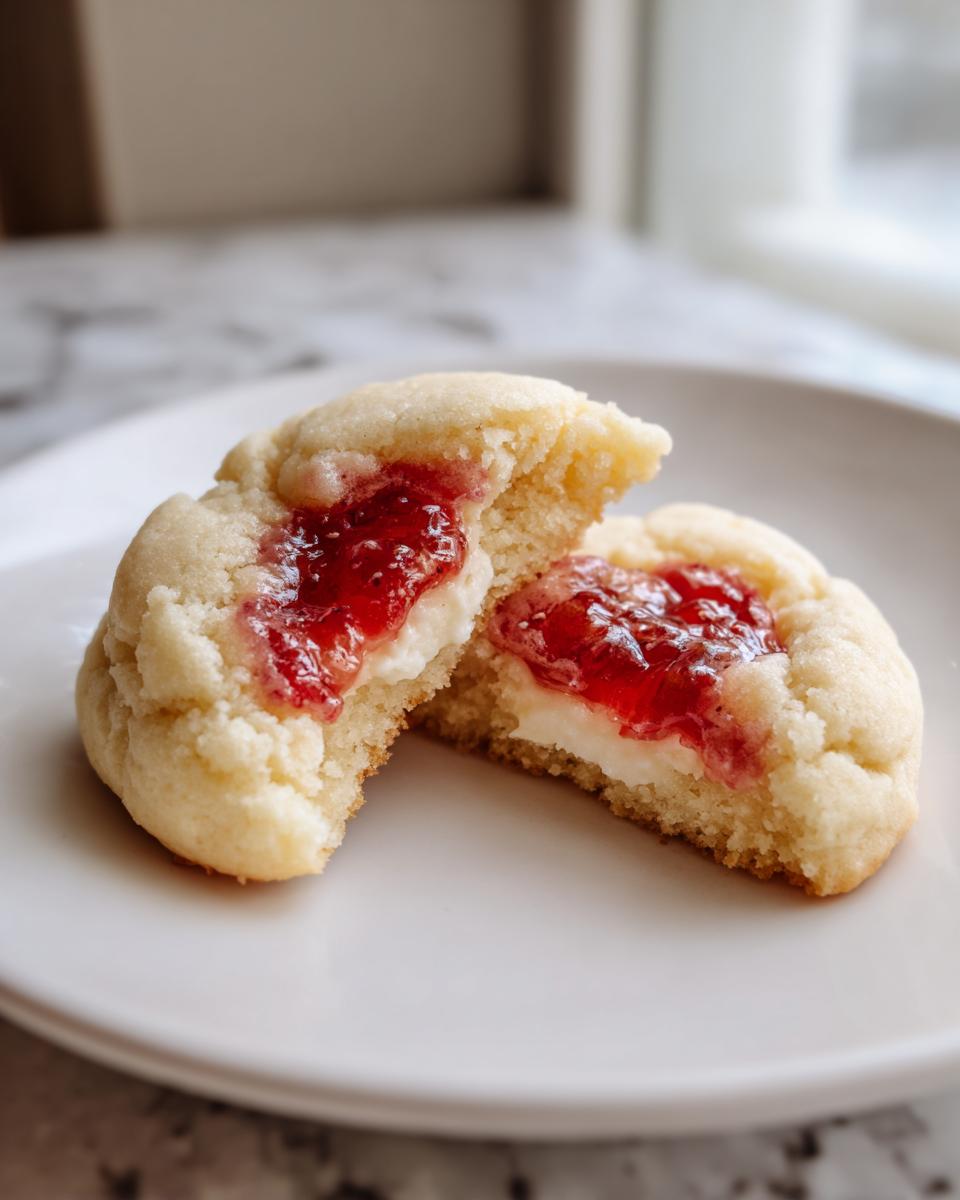 A strawberry cheesecake cookie broken in half showing the creamy white cheesecake center and bright red strawberry jam filling.