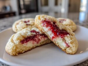 Close-up of a strawberry cheesecake cookies halved, showing creamy filling and bright red strawberry jam center.