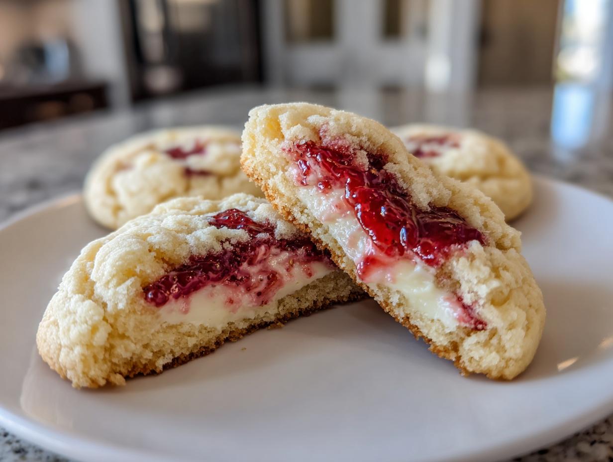 Close-up of a strawberry cheesecake cookies halved, showing creamy filling and bright red strawberry jam center.