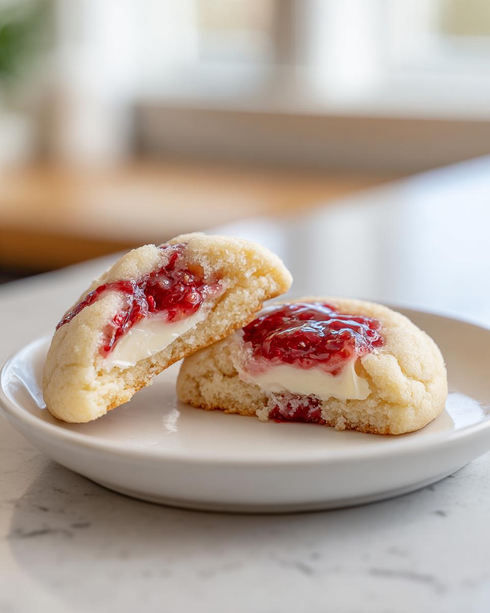 A strawberry cheesecake cookie cut in half showing the creamy center and bright red strawberry topping.