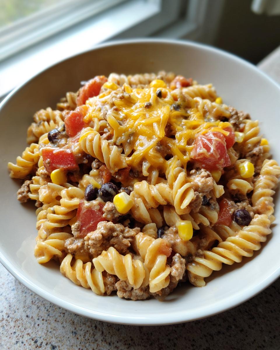 A close-up bowl of delicious taco pasta salad featuring rotini pasta, ground meat, corn, tomatoes, and melted cheddar cheese.