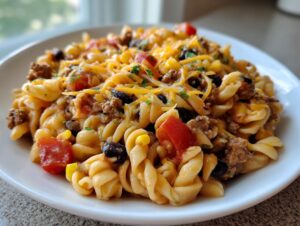 Close-up of a serving of taco pasta salad featuring rotini pasta, ground beef, black beans, corn, tomatoes, and melted shredded cheese.