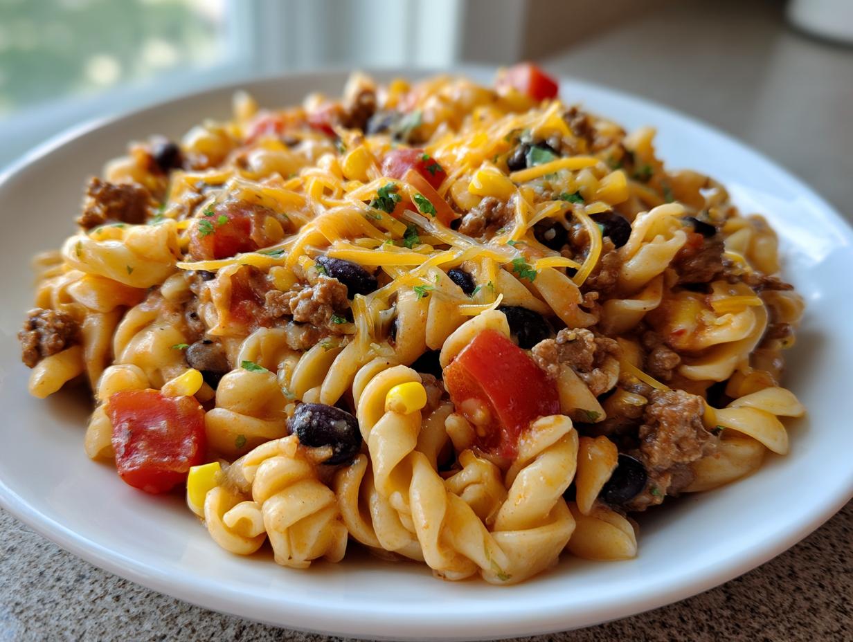 Close-up of a serving of taco pasta salad featuring rotini pasta, ground beef, black beans, corn, tomatoes, and melted shredded cheese.