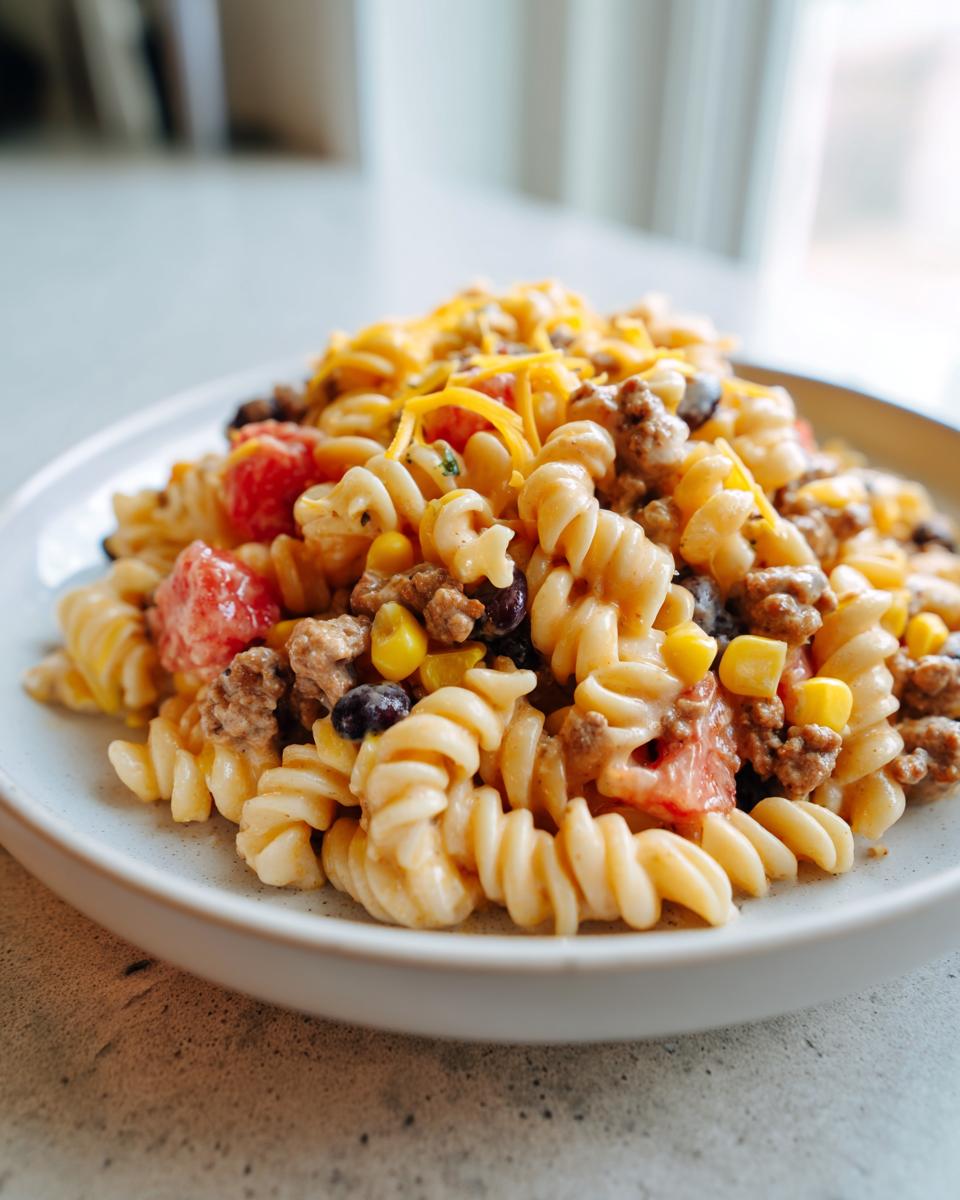 A close-up view of a serving of taco pasta salad featuring rotini pasta, ground meat, black beans, corn, and shredded cheese.